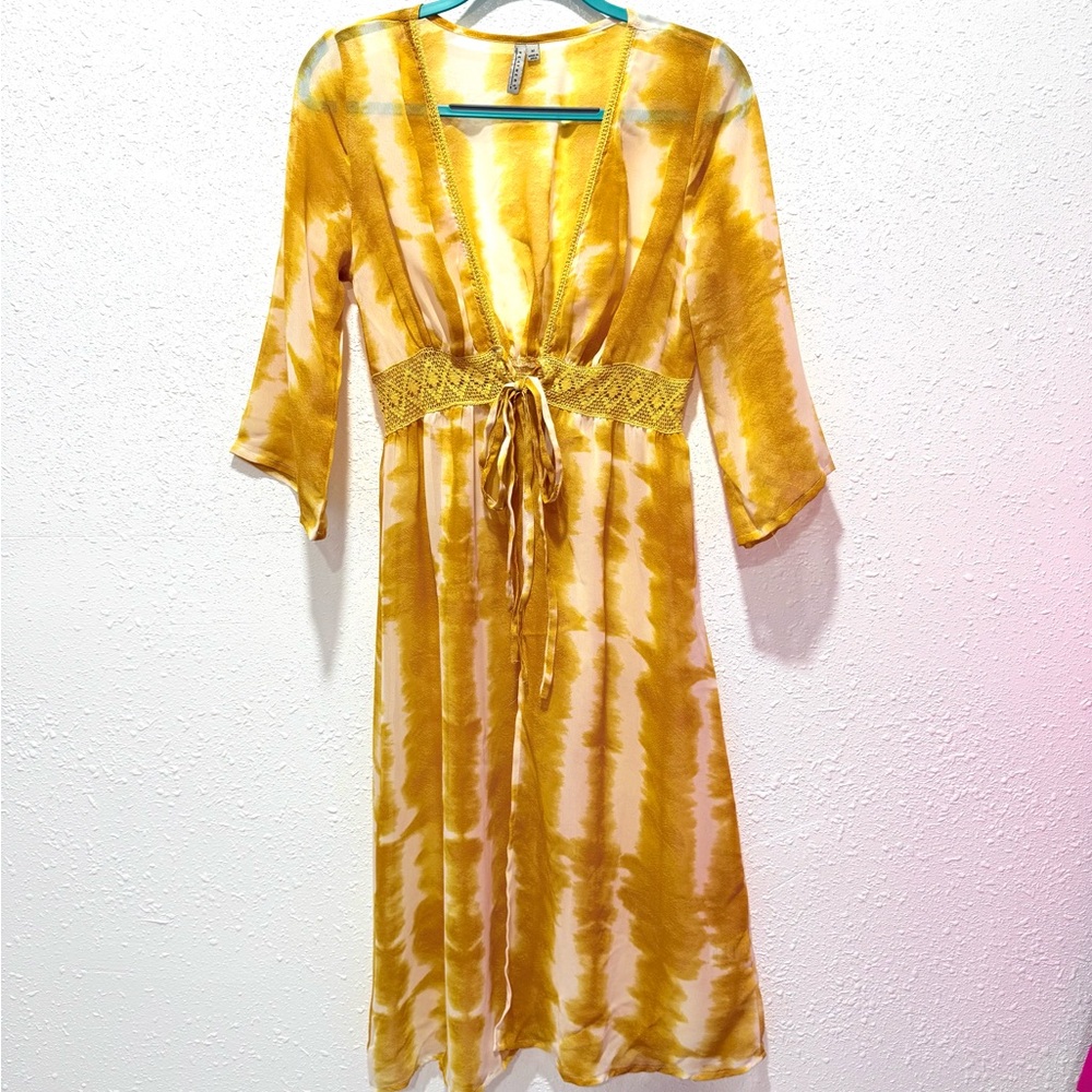 Feathers Yellow Tie-Dye Fabric kimono M